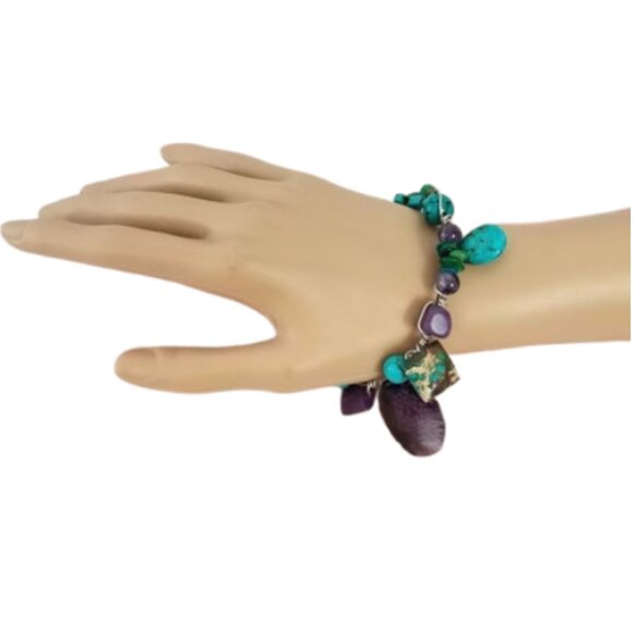 Hand-Crafted Wire Wrapped Purple & Turquoise Gemstone Bangle Cross Bracelet - Picture 9 of 10
